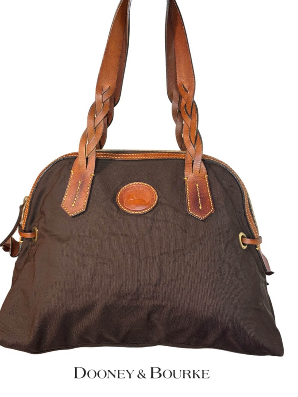 🔥LOW START Dooney & Bourke brown nylon domed satchel w/ braided leather handles - Picture 16 of 16